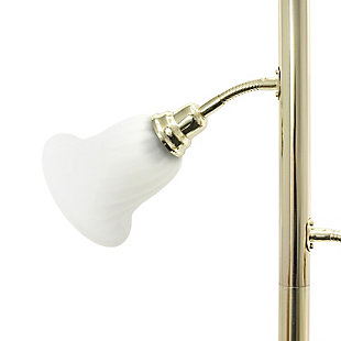 Light up your bedroom, office, foyer or living room with this elegant yet affordable 3 light floor lamp. It features a stunning gold finish and marbleized white shades with spiraled cut glass to complete the timeless look.Gold finish | White scalloped glass shades | Main light uses: 1 x 100w medium base type a bulb (not included)
reading lights use: 2 x  60w type a medium base bulbs (not included) | Dimensions; l: 13" x w: 21.5" x h: 71"