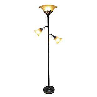 Light up your bedroom, office, foyer or living room with this elegant yet affordable 3 light floor lamp. It features a stunning restoration bronze finish and marbelized champagne shades with spiraled cut glass to complete the timeless look.Restoration bronze finish | Champagne  scalloped glass shades | Main light uses: 1 x 100w medium base type a bulb (not included)
reading lights use: 2 x  60w type a medium base bulbs (not included) | Dimensions; l: 13" x w: 21.5" x h: 71"