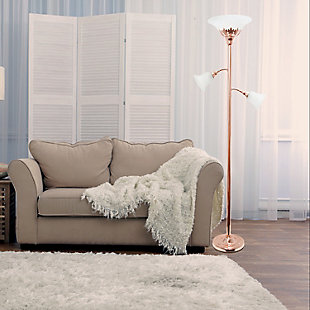 Home Accents Elegant Designs RGD 3Light Floor Lamp w Scalloped WHT Gls Shade, Rose Gold, rollover