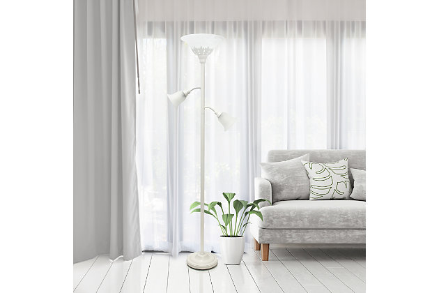 Light up your bedroom, office, foyer or living room with this elegant yet affordable 3 light floor lamp. It features a stunning white finish and marbleized white shades with spiraled cut glass to complete the timeless look.White finish | White scalloped glass shades | Main light uses: 1 x 100w medium base type a bulb (not included)
reading lights use: 2 x  60w type a medium base bulbs (not included) | Dimensions; l: 13" x w: 21.5" x h: 71"