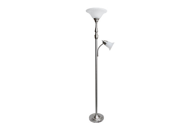 Light up your bedroom, office, foyer or living room with this elegant yet affordable 2 light mother daughter floor lamp. It features a stunning brushed nickel finish and white marble shades with spiraled cut glass to complete the timeless look.Brushed nickel finish | White marble glass shades | Main light uses: 1 x 100w 3-way medium base type a bulb (not included)
reading light uses: 1 x  60w type a medium base bulb (not included) | Dimensions; l: 13.25" x w: 18" x h: 71"