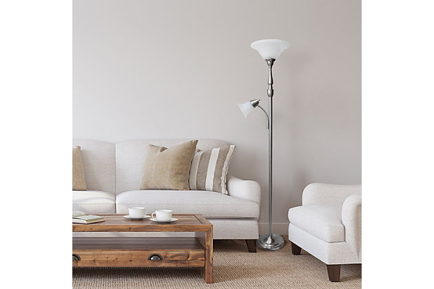 Light up your bedroom, office, foyer or living room with this elegant yet affordable 2 light mother daughter floor lamp. It features a stunning brushed nickel finish and white marble shades with spiraled cut glass to complete the timeless look.Brushed nickel finish | White marble glass shades | Main light uses: 1 x 100w 3-way medium base type a bulb (not included)
reading light uses: 1 x  60w type a medium base bulb (not included) | Dimensions; l: 13.25" x w: 18" x h: 71"