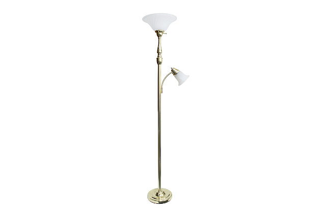 Light up your bedroom, office, foyer or living room with this elegant yet affordable 2 light mother daughter floor lamp. It features a stunning metallic gold finish and white marble shades with spiraled cut glass to complete the timeless look.Metallic gold finish | White marble glass shades | Main light uses: 1 x 100w 3-way medium base type a bulb (not included)
reading light uses: 1 x  60w type a medium base bulb (not included) | Dimensions; l: 13.25" x w: 18" x h: 71"