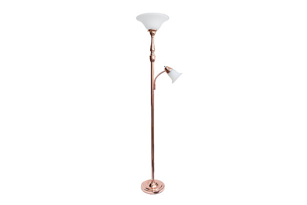 Light up your bedroom, office, foyer or living room with this elegant yet affordable 2 light mother daughter floor lamp. It features a stunning rose gold (copper) finish and white marble shades with spiraled cut glass to complete the timeless look.Rose gold (copper) finish | White marble glass shades | Main light uses: 1 x 100w 3-way medium base type a bulb (not included)
reading light uses: 1 x  60w type a medium base bulb (not included) | Dimensions; l: 13.25" x w: 18" x h: 71"