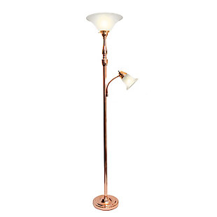 Light up your bedroom, office, foyer or living room with this elegant yet affordable 2 light mother daughter floor lamp. It features a stunning rose gold (copper) finish and white marble shades with spiraled cut glass to complete the timeless look.Rose gold (copper) finish | White marble glass shades | Main light uses: 1 x 100w 3-way medium base type a bulb (not included)
reading light uses: 1 x  60w type a medium base bulb (not included) | Dimensions; l: 13.25" x w: 18" x h: 71"