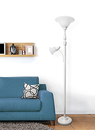Light up your bedroom, office, foyer or living room with this elegant yet affordable 2 light mother daughter floor lamp. It features a stunning coastal white finish and white marble shades with spiraled cut glass to complete the timeless look.White finish | White marble glass shades | Main light uses: 1 x 100w 3-way medium base type a bulb (not included)
reading light uses: 1 x  60w type a medium base bulb (not included) | Dimensions; l: 13.25" x w: 18" x h: 71"