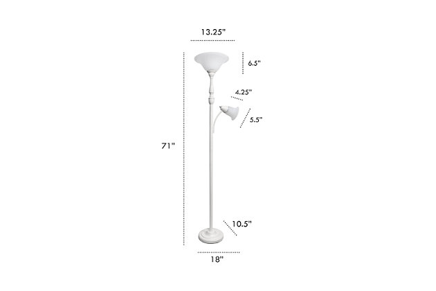 Light up your bedroom, office, foyer or living room with this elegant yet affordable 2 light mother daughter floor lamp. It features a stunning coastal white finish and white marble shades with spiraled cut glass to complete the timeless look.White finish | White marble glass shades | Main light uses: 1 x 100w 3-way medium base type a bulb (not included)
reading light uses: 1 x  60w type a medium base bulb (not included) | Dimensions; l: 13.25" x w: 18" x h: 71"