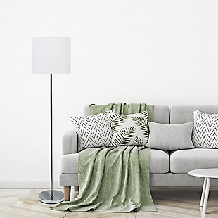 Simply designed to make this floor lamp ideal in your living room,  bedroom, foyer, or study!  Keep this light at the forefront to display, or tucked away on the side saving space. With a brushed nickel finish and white fabric shade, it will be the right piece to add to your space!Classic, simple design suitable for any room | Brushed nickel finish and fabric shade | Uses 1 x 60 W E26 Medium Base Bulb | Foot switch -
some assembly required | Cord length: 5'