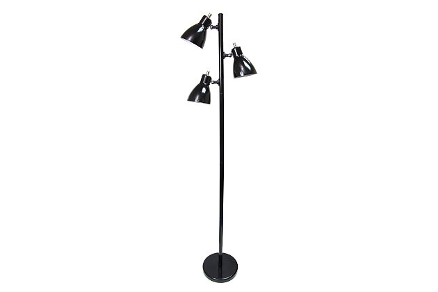 This 3-light floor lamp is the perfect add-on to your living room, foyer, bedroom, or office! This practical, affordable, multi-shade lamp features 3 adjustable lamp shades in a beautiful finish throughout.  Each lamp shade has it's own switch, allowing you illuminate your space fully, or focused on the area of your choice.3 lights each with its own rotary switch | Black finish | Each lamp head uses 1 x 60W E26 Medium base bulb (not included) | Lamp shades rotate to change direction of lighting