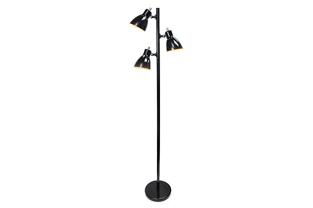 This 3-light floor lamp is the perfect add-on to your living room, foyer, bedroom, or office! This practical, affordable, multi-shade lamp features 3 adjustable lamp shades in a beautiful finish throughout.  Each lamp shade has it's own switch, allowing you illuminate your space fully, or focused on the area of your choice.3 lights each with its own rotary switch | Black finish | Each lamp head uses 1 x 60W E26 Medium base bulb (not included) | Lamp shades rotate to change direction of lighting