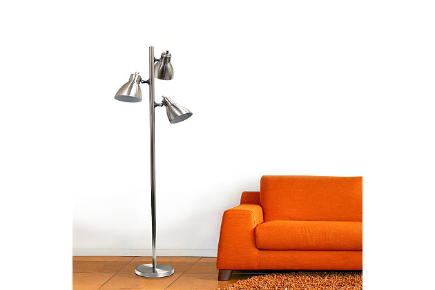 This 3-light floor lamp is the perfect add-on to your living room, foyer, bedroom, or office! This practical, affordable, multi-shade lamp features 3 adjustable lamp shades in a beautiful finish throughout.  Each lamp shade has it's own switch, allowing you illuminate your space fully, or focused on the area of your choice.3 lights each with its own rotary switch | Brushed nickel finish | Each lamp head uses 1 x 60W E26 Medium base bulb (not included) | Lamp shades rotate to change direction of lighting