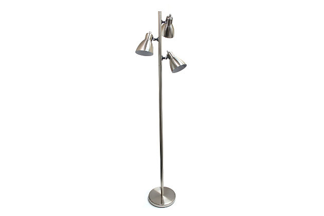 This 3-light floor lamp is the perfect add-on to your living room, foyer, bedroom, or office! This practical, affordable, multi-shade lamp features 3 adjustable lamp shades in a beautiful finish throughout. Each lamp shade has it's own switch, allowing you illuminate your space y, or focused on the area of your choice.3 lights each with its own rotary switch | Brushed nickel finish | Each lamp head uses 1 x 60W E26 base bulb (not included) | Lamp shades rotate to change direction of lighting