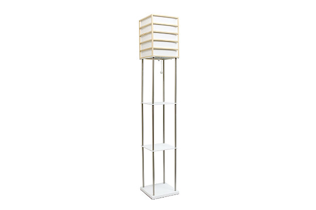 Illuminate your living space in style with our floor shelf lamp with linen shade. This gorgeous piece is accented with brushed nickel and birch wood.  The shelves are versatile and can be used to display photographs and other memorabilia while the linen lamp shade casts a soft, warming light throughout your living space.  With its' clean and modern lines, this lamp adds sophistication and style to any home's décor.Floor lamp with 3 shelves for storage/display | Pull-chain on/off switch | Linen shade casts soft, warm glow | Lamp measures: l:10" x w:10" x h:60"