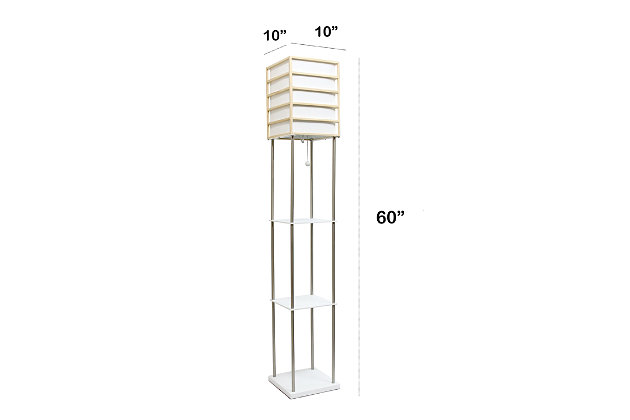 Illuminate your living space in style with our floor shelf lamp with linen shade. This gorgeous piece is accented with brushed nickel and birch wood.  The shelves are versatile and can be used to display photographs and other memorabilia while the linen lamp shade casts a soft, warming light throughout your living space.  With its' clean and modern lines, this lamp adds sophistication and style to any home's décor.Floor lamp with 3 shelves for storage/display | Pull-chain on/off switch | Linen shade casts soft, warm glow | Lamp measures: l:10" x w:10" x h:60"
