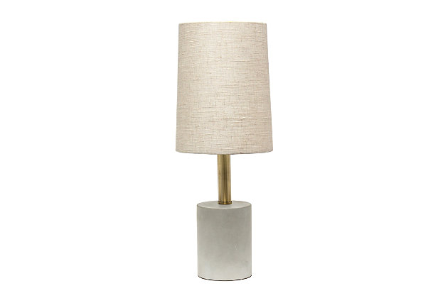 Bring a modern and industrial touch to any room in your home while keeping it simple!  The cement base is beautifully accented by antique brass for a hint of elegance, complimented by a khaki fabric shade.  The perfect size lamp for your night stand, end table or office desk!Fabric khaki shade | The base is made of gray concrete | 1 x 60w medium type a base bulb (not included) required | More shade color options available!