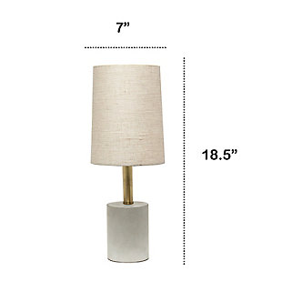 Bring a modern and industrial touch to any room in your home while keeping it simple!  The cement base is beautifully accented by antique brass for a hint of elegance, complimented by a khaki fabric shade.  The perfect size lamp for your night stand, end table or office desk!Fabric khaki shade | The base is made of gray concrete | 1 x 60w medium type a base bulb (not included) required | More shade color options available!