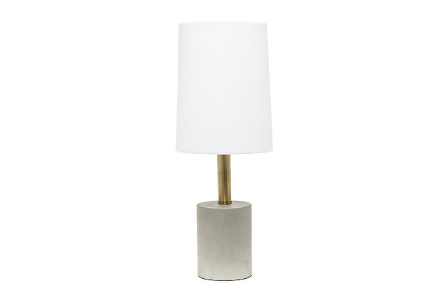 Bring a modern and industrial touch to any room in your home while keeping it simple!  The cement base is beautifully accented by antique brass for a hint of elegance, complimented by a white fabric shade.  The perfect size lamp for your night stand, end table or office desk!Fabric white shade | The base is made of gray concrete | 1 x 60w medium type a base bulb (not included) required | More shade color options available!