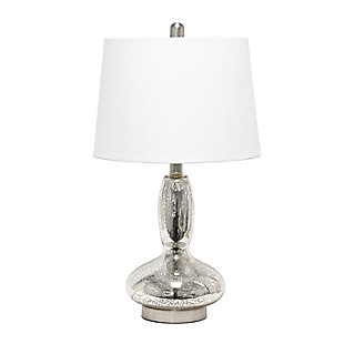 A beautiful lighting solution versatile enough for any room in your home, this contemporary lamp features a mercury glass base topped with a white fabric shade.  Simplicity and style at its best!   Perfect for your living room, bedroom, office, or anywhere you need to add a tasteful update!Fabric white shade | The base is made of mercury glass | 1 x 60w medium type a base bulb (not included) required | More base color options available!