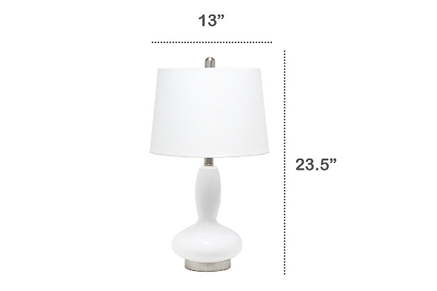 A beautiful lighting solution versatile enough for any room in your home, this contemporary lamp features a white glass base topped with a white fabric shade.  Simplicity and style at its best!   Perfect for your living room, bedroom, office, or anywhere you need to add a tasteful update!Fabric white shade | The base is made of white glass | 1 x 60w medium type a base bulb (not included) required | More base color options available!