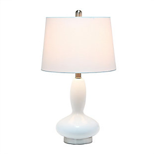 A beautiful lighting solution versatile enough for any room in your home, this contemporary lamp features a white glass base topped with a white fabric shade.  Simplicity and style at its best!   Perfect for your living room, bedroom, office, or anywhere you need to add a tasteful update!Fabric white shade | The base is made of white glass | 1 x 60w medium type a base bulb (not included) required | More base color options available!
