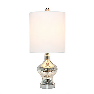 Simple and elegant, this lamp is sure to make a tasteful update to any room in your home.  This lamp features a beautifully shaped mercury glass base complimented by a white fabric drum shade. Rejuvenate your living room, bedroom, foyer or office with this trendy lamp!Fabric white shade | Beautifully shaped mercury glass base | 1 x 60w medium type a base bulb (not included) required | More base color options available!