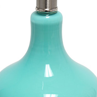 Simple and elegant, this lamp is sure to make a tasteful update to any room in your home.  This lamp features a beautifully shaped teal glass base complimented by a white fabric drum shade. Rejuvenate your living room, bedroom, foyer or office with this trendy lamp!Fabric white shade | Beautifully shaped teal glass base | 1 x 60w medium type a base bulb (not included) required | More base color options available!