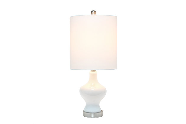 Simple and elegant, this lamp is sure to make a tasteful update to any room in your home.  This lamp features a beautifully shaped white glass base complimented by a white fabric drum shade. Rejuvenate your living room, bedroom, foyer or office with this trendy lamp!Fabric white shade | Beautifully shaped white glass base | 1 x 60w medium type a base bulb (not included) required | More base color options available!
