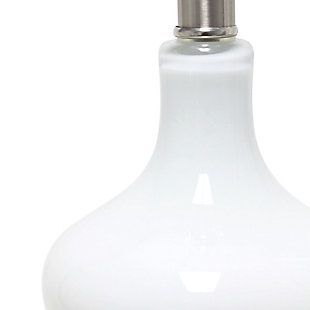 Simple and elegant, this lamp is sure to make a tasteful update to any room in your home.  This lamp features a beautifully shaped white glass base complimented by a white fabric drum shade. Rejuvenate your living room, bedroom, foyer or office with this trendy lamp!Fabric white shade | Beautifully shaped white glass base | 1 x 60w medium type a base bulb (not included) required | More base color options available!
