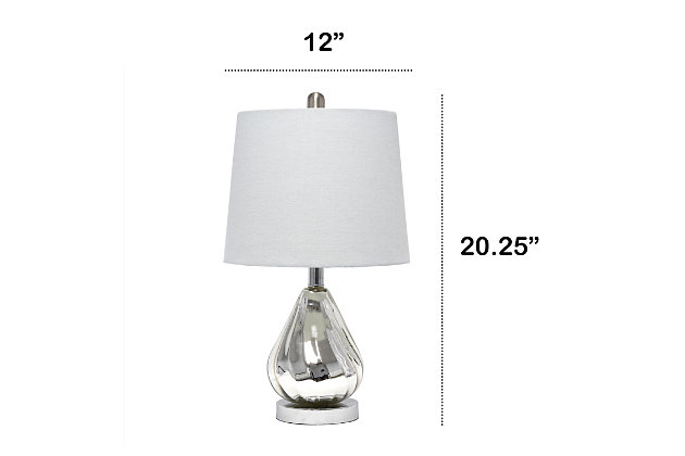 Enhance your room with this stylish chrome glass lamp.  The gray fabric shade is the perfect compliment to the base with its' lustrious finish and subtle ripple design.  Perfect for your living room, bedroom, office or anywhere you need to add a touch of sparkle!Fabric gray shade | Chrome glass base with subtle ripple design | 1 x 60w medium type a base bulb (not included) required | More shade color options available!