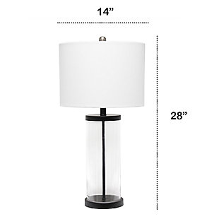 Classic yet contemporary this lamp will light up any room in your home with style!  This lamp features a clear glass cylindrical base with black metal on top and bottom for a clean, sophisticated look.   Perfect for your living room, bedroom, office, or anywhere you need to add a tasteful update!Fabric white shade | Black metal on top and bottom of clear cylindrical glass base | 1 x 100w medium type a base bulb (not included) required | More base color options available!