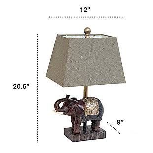 Add a touch fo luxury to any room in your home with this stylish elephant lamp.  The brown resin base is detailed with hints of gold and topped off with a tapered brown fabric shade.  Perfect for your living room, bedroom, office or kids room!Fabric brown shade | Brown resin base with hints of gold detail | 1 x 60w medium type a base bulb (not included) required | 5 foot brown cord