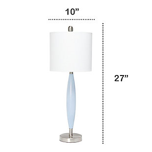 Illuminate your room in style with this simple, contemporary table lamp.  With a pop of blue color in the center, accented with brushed nickel and a white fabric drum shade, this lamp is sure to add a touch of sophistication to any room in your home!  Perfect for adding the little refresh to your living room, bedroom, foyer or office that you've been looking for!Fabric white drum shade | Blue and brushed nickel base | 1 x 60w medium type a base bulb (not included) required | 5 foot clear cord