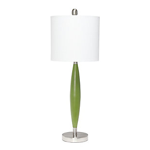 Illuminate your room in style with this simple, contemporary table lamp.  With a pop of green color in the center, accented with brushed nickel and a white fabric drum shade, this lamp is sure to add a touch of sophistication to any room in your home!  Perfect for adding the little refresh to your living room, bedroom, foyer or office that you've been looking for!Fabric white drum shade | Green and brushed nickel base | 1 x 60w medium type a base bulb (not included) required | 5 foot clear cord