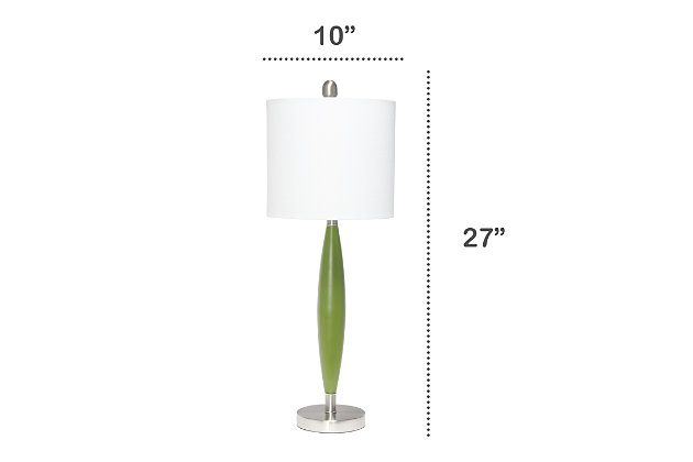 Illuminate your room in style with this simple, contemporary table lamp.  With a pop of green color in the center, accented with brushed nickel and a white fabric drum shade, this lamp is sure to add a touch of sophistication to any room in your home!  Perfect for adding the little refresh to your living room, bedroom, foyer or office that you've been looking for!Fabric white drum shade | Green and brushed nickel base | 1 x 60w medium type a base bulb (not included) required | 5 foot clear cord