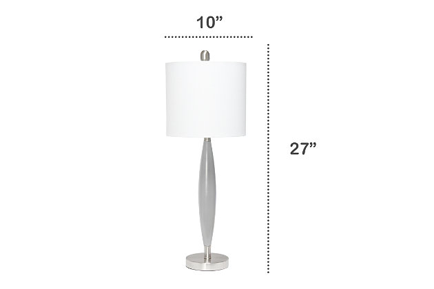 Illuminate your room in style with this simple, contemporary table lamp.  With a pop of gray color in the center, accented with brushed nickel and a white fabric drum shade, this lamp is sure to add a touch of sophistication to any room in your home!  Perfect for adding the little refresh to your living room, bedroom, foyer or office that you've been looking for!Fabric white drum shade | Gray and brushed nickel base | 1 x 60w medium type a base bulb (not included) required | 5 foot clear cord