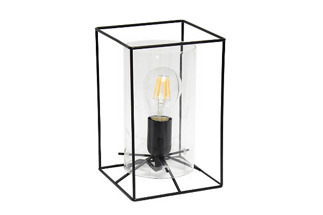 This table lamp features a black metal frame with a clear glass shade that will illuminate any room in style!  The simple, clean lines of the frame is complimented by the rounded cylinder shade offering a chic sophisticated look.  Perfect for your living room, bedroom, office, apartment or college dorm!

**HELPFUL TIP: To get the complete industrial look, we recommend using a decorative Edison/Vintage bulb (not included). **Cylindrical clear glass shade | Rectangular black metal frame | 1 x 40w medium type a base bulb (not included) required

for full vintage look, type t45 edison bulb is recommended | 5 foot black cord