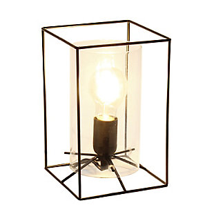 This table lamp features a black metal frame with a clear glass shade that will illuminate any room in style!  The simple, clean lines of the frame is complimented by the rounded cylinder shade offering a chic sophisticated look.  Perfect for your living room, bedroom, office, apartment or college dorm!

**HELPFUL TIP: To get the complete industrial look, we recommend using a decorative Edison/Vintage bulb (not included). **Cylindrical clear glass shade | Rectangular black metal frame | 1 x 40w medium type a base bulb (not included) required

for full vintage look, type t45 edison bulb is recommended | 5 foot black cord