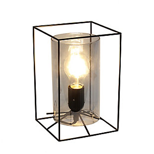 This table lamp features a black metal frame with a smokey glass shade that will illuminate any room in style!  The simple, clean lines of the frame is complimented by the rounded cylinder shade offering a chic sophisticated look.  Perfect for your living room, bedroom, office, apartment or college dorm!

**HELPFUL TIP: To get the complete industrial look, we recommend using a decorative Edison/Vintage bulb (not included). **Cylindrical smokey glass shade | Rectangular black metal frame | 1 x 40w medium type a base bulb (not included) required

for full vintage look, type t45 edison bulb is recommended | 5 foot black cord