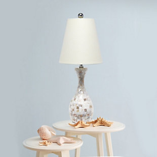 This trendy table lamp features a stylish Capiz shell look tiled in a mosaic pattern.  Constructed from beautiful muted shades of coral, gray and white, this lamp is accented with an immaculate chrome finish and a fresh cream fabric shade. These slightly iridescent tiles and natural tones will add elegance and glamour to any room.  Enhance your room with style and finesse with this simply beautiful table lamp!Immaculate chrome finish accents | Fresh cream fabric shade | 1 x 2-way 60w type a medium base bulb required  (not included) | The curvy lamp base is beautifully wrapped in capiz shell tile look creating an exquisite mosaic pattern.