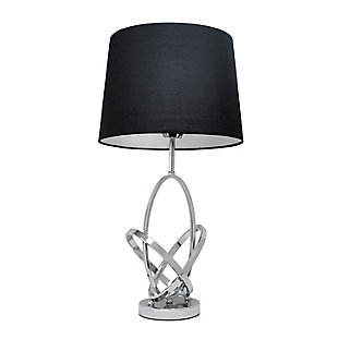 This modern table lamp features a stunning sculptured metal art base which displays the truly exquisite artistry. The beautifully contrasting black shade compliments this current look. This lamp will add an artistic flair to any room. We believe that lighting is like jewelry for your home. Our products will help to enhance your room with elegance and sophistication.Black fabric shade | Flawless chrome finish | Mod art sculptured metal base | Height: 27.75" shade diameter: 14"