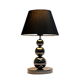 This contemporary design table lamp features 3 tiers of balls and a pearl black chrome finish. A ruched black cloth fabric shade compliments this stylish lamp. We believe that lighting is like jewelry for your home. Our products will help to enhance your room with elegance and sophistication.Black fabric shade | Pearl black chrome finish | Modern 3 tier ball design | Height: 19" shade diameter: 11.81"