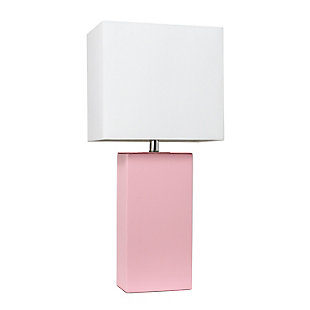 This fashionable table lamp, with its leather body and white fabric shade, will add style and pizzazz to any room. We believe that lighting is like jewelry for your home. Our products will help to enhance your room with elegance and sophistication.Leather wrapped base | White fabric shade | Modern and stylish look | Assembled dimensions: l: 10" x w: 6" x h: 21"
