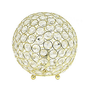 Make your room sparkle with a shining ball of crystals. The perfect addition to any bedroom, office, nursery, or even a foyer or entryway! We believe that lighting is like jewelry for your home. Our products will help to enhance your room with elegance and sophistication.Crystal ball shape glows from within casting pretty shadows | Threaded with steel rings and set on ball feet | Gold finish | Height: 8" diameter: 7.75"