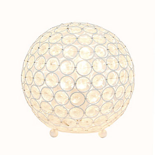 Make your room sparkle with a shining ball of crystals. The perfect addition to any bedroom, office, nursery, or even a foyer or entryway! We believe that lighting is like jewelry for your home. Our products will help to enhance your room with elegance and sophistication.Crystal ball shape glows from within casting pretty shadows | Threaded with steel rings and set on ball feet | White finish | Height: 8" diameter: 7.75"