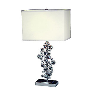 Bejewel your home with this exquisite sequin table lamp. It features beautiful prismatic crystals, a soft white colored shade, and a flawless chrome finish. We believe that lighting is like jewelry for your home. Our products will help to enhance your room with elegance and sophistication.Beautiful prismatic crystals | Soft white fabric shade | Flawless chrome finish | Total height: 26.25"  shade : l: 14' x w: 9"