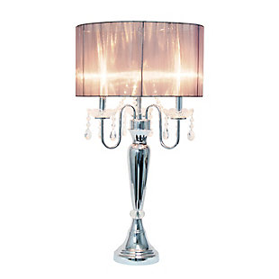Crystal drop table lamp. A modern twist on a classic table lamp. Features a sheer shade, flawless chrome finish, and beautiful draping crystals. Great fit for any room! Use it in a bedroom to create a romantic atmosphere or in a living room or office to add some fresh decorative flair. We believe that lighting is like jewelry for your home. Our products will help to enhance your room with elegance and sophistication.Romantic pleated sheer shade | Flawless chrome finish | Beautiful draping crystals | Height: 27" shade diameter: 16.54"