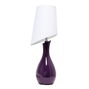 Add a contemporary flair to any room with this lovely tall curved table lamp. The eggplant color helps to create this fresh look. The asymmetrical white fabric shade completes the ensemble. Perfect lamp for a bedroom, living area, office, kid's room, or college dorm. We believe that lighting is like jewelry for your home. Our products will help to enhance your room with chic sophistication.Asymmetrical white fabric shade | Deep eggplant purple color | Curvy base | Height: 28.5" slanted shade diameter: 11"