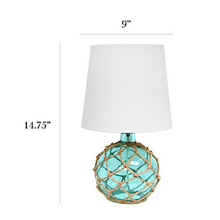If you have that lovely beach house, condo, or rental you're looking to decorate, check out this nautical table lamp fitting for your coastal decor!  The aqua glass base is netted in a natural rope, complemented by a pure white empire fabric shade.  This lamp is just over a foot tall making ideal to sit on your nightstand, dresser, in your living room, entry way, and just about any room in your home!Aqua glass base wrapped in natural rope | White empire fabric shade | Uses 1 x 60w type a medium base bulb (not included) | On/off switch located conveniently on the cord | Shade measures  D: 9"" x H: 8" Total Lamp Height: 15.25" | Can sit perfectly on your nightstand, dresser, accent table, etc. in the room of your choice!