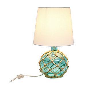 If you have that lovely beach house, condo, or rental you're looking to decorate, check out this nautical table lamp fitting for your coastal decor!  The aqua glass base is netted in a natural rope, complemented by a pure white empire fabric shade.  This lamp is just over a foot tall making ideal to sit on your nightstand, dresser, in your living room, entry way, and just about any room in your home!Aqua glass base wrapped in natural rope | White empire fabric shade | Uses 1 x 60w type a medium base bulb (not included) | On/off switch located conveniently on the cord | Shade measures  D: 9"" x H: 8" Total Lamp Height: 15.25" | Can sit perfectly on your nightstand, dresser, accent table, etc. in the room of your choice!