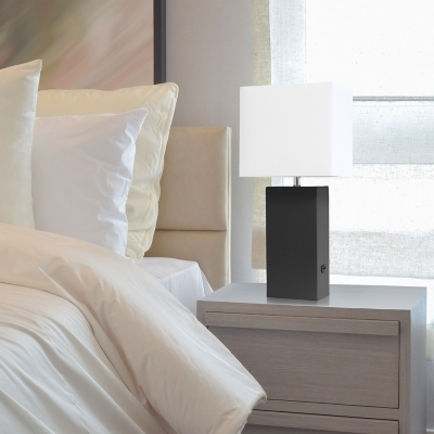 Home Accents Elegant Designs Modern Leather Lamp w USB & WHT Shade, Black, Black, large